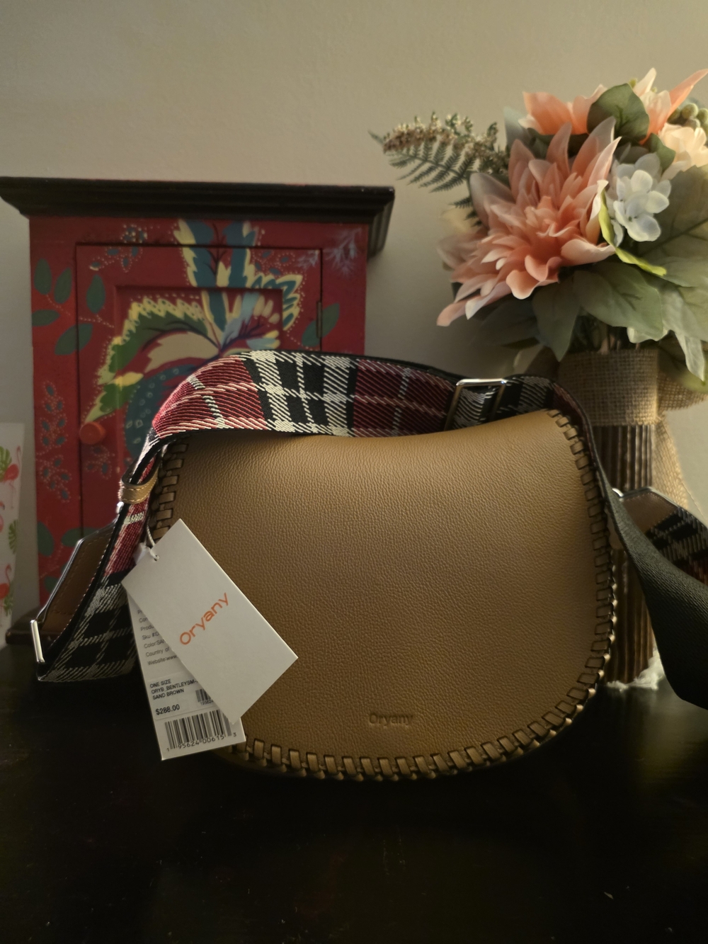 Oryany Tan Leather Crossbody with Plaid Strap